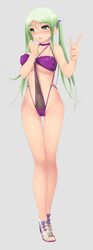 big_breasts bikini bottomwear cute goddess green_eyes green_hair high_heels huniepop purple_bikini theiatena_venus topwear white_skin