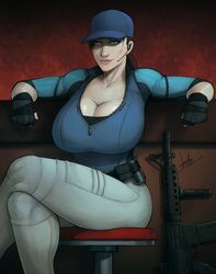 1girls alternate_breast_size assault_rifle baseball_cap belt big_breasts blue_eyes breasts brown_hair capcom cleavage cleavage_cutout clothed clothing crossed_legs devil_hs eye_contact female female_only firearm gloves gun huge_ass huge_breasts human jeans jill_valentine jill_valentine_(julia_voth) long_hair looking_at_viewer lost_in_nightmares naughty_face ponytail pose resident_evil resident_evil_5 rifle sci-fi science_fiction scifi seductive seductive_smile sitting smile solo source_request thick_thighs uniform weapon wide_hips