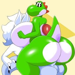 1:1 1boy 1girls alien anthro ass big_breasts big_butt breasts cowgirl_position dinosaur duo female focus hi_res horn humanoid itisjoidok joid_(itisjoidok) looking_back male mario_(series) nintendo on_top penetration reptile scalie sex simple_background solo solo_focus straight tail thick_thighs video_games wide_hips yoshi