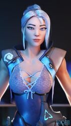 1girls 3d alone blue_eyes breasts cleavage female female_only jett_(valorant) looking_at_viewer mascara nipples_visible_through_clothing riot_games solo tied_hair valorant vicer34 white_hair