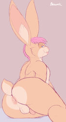 1boy absurd_res anthro anus ass balls blue_eyes brownieclop genitals girly hair hi_res lagomorph leporid looking_at_viewer male mammal nipples nude penis pink_anus pink_hair rabbit short_hair simple_background small_penis smile solo tinval tongue_out