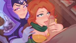 2girls breasts dota_2 fellatio female luna_(dota) male penis red_hair titdang windranger