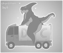 1_horn anthro ass big_butt car chin_spikes curvy_figure dragon dragons_having_sex_with_cars english_text facial_spikes forked_tail greyscale heart hi_res horn inanimate_object male male_only monochrome nude profanity psychpsy psychpsyo scalie simple_background sitting spikes text thick_thighs truck_(vehicle) vehicle wheels