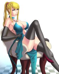 blonde_hair blue_eyes choker cleavage clothed dominatrix eyebrows_visible_through_hair gloves high_heels kukua_(mosushi) long_gloves metroid nintendo ponytail samus_aran sidelocks sitting thighhighs whip