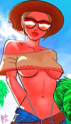 1girls absurd_res apollo_one breasts brown_hair clothed female fortnite navel orange-tinted_eyewear safari_(fortnite) sunglasses tagme tinted_eyewear