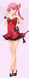 classy cute dress fairy fairy_wings green_eyes high_heels huniepop kyu_sugardust petite pink_hair red_dress small_breasts