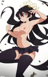 1girls black_hair black_legwear breasts casual_exposure clenched_hand female filia_(skullgirls) frown highres leg_up looking_at_viewer miniskirt multi_mouth navel nipples once11h prehensile_hair red_eyes samson_(skullgirls) skirt skullgirls solo standing_on_one_leg thighhighs topless very_long_hair yellow_eyes