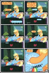 absurd_res applejack_(mlp) blonde_hair comic dialogue duo english_text equid female female/female feral friendship_is_magic furry genitals group gutovi-kun hair hi_res mammal my_little_pony orange_body page_6 page_number pussy rainbow_dash_(mlp) text yuri