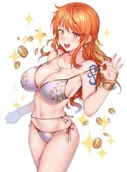 1girls bangs belly_chain bikini bikini_tug bracelet breasts cleavage clothed collarbone cowboy_shot earrings female female_only front-tie_bikini front_view gold_coin hat hat_around_neck highres huge_breasts human large_breasts long_hair matching_hair/eyes money nami off_shoulder one_piece open_smile orange_eyes shoulder_tattoo side-tie_bikini simple_background smile solo sparkle standing star-shaped_pupils star_print tattoo very_long_hair white_background white_bikini yakimi_27