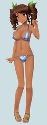 1girls 2d bikini black_eyes blue_bikini bottomwear brown_hair brown_skin dark-skinned_female huniepop lola_rembrite solo tanned topwear