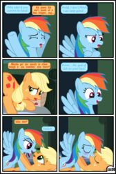 absurd_res applejack_(mlp) blonde_hair bodily_fluids comic dialogue duo english_text equid female female/female feral friendship_is_magic furry genital_fluids group gutovi-kun hair hi_res mammal my_little_pony orange_body page_9 page_number pussy_juice rainbow_dash_(mlp) text yuri