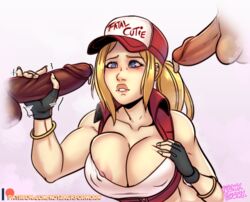 1girls 2boys blonde_hair breasts canon_genderswap cleavage dark-skinned_male dark_skin fatal_fury female female_terry huge_breasts interracial king_of_fighters nipple_slip notzackforwork rule_63 snk snk_heroines:_tag_team_frenzy terry_bogard