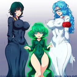 3girls blue_hair breasts clothed dress erect_nipples erect_nipples_under_clothes female female_only fubuki_(one-punch_man) glasses green_hair large_breasts long_hair multiple_girls one-punch_man pokies psykos short_hair tagme tatsumaki thegoldensmurf waru-geli wide_hips