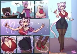 2girls ass ass_expansion bimbo bimbofication breast_expansion breasts cat cleavage comic female female_only genderswap huge_breasts multiple_girls notzackforwork wide_hips