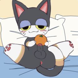 1:1 animal_crossing anthro anus balls bed black_body black_fur blush domestic_cat erection felid feline felis food fruit fur furniture genitals hi_res looking_at_viewer male male_only mammal nintendo orange_(fruit) pawpads penis plant presenting punchy_(animal_crossing) sesame_(artist) solo spread_legs spreading video_games