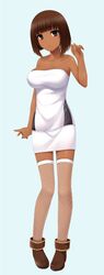 black_eyes brown_hair brown_shoes brown_skin dress huniepop legwear lola_rembrite stockings tanned white_dress white_legwear white_stockings