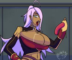 animated animated blue_eyes cleavage clothed cyberjar9 dark-skinned_female dildo_mask dragonaut drool drool_on_breasts face_mask garnet_maclaine huge_breasts long_hair looking_at_viewer midriff open_mouth overflowing_breasts purple_hair tongue tongue_out