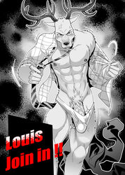 abs anthro antlers beastars cervid cervine clothed clothing dress_shirt erection erection_under_clothing front_view genitals greyscale hi_res horn humanoid_genitalia humanoid_penis kumahachi0925 louis_(beastars) male male_only mammal monochrome muscular muscular_male necktie open_shirt pecs penis penis_base portrait pubes red_deer shirt solo three-quarter_portrait topwear underwear undressing vein veiny_penis