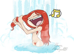 1girls barbara_(rayman) barbarian bathing bigmelonart bosombonanza breasts casual female human labia long_hair musical_note nude nudity outdoors pale_skin pubic_hair rayman_(series) rayman_legends red_hair signature singing speech_bubble teeth ubisoft vagina water waterfall watermark