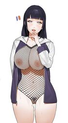 alternate_breast_size bangs big_breasts black_hair blush bottomless breasts female female_only fishnet_bodysuit fishnets huge_breasts hyuuga_hinata jacket large_breasts naruto naruto_shippuden pubic_hair purple_eyes pussy pussy_juice sohn_woohyoung sweat tabbto uncensored