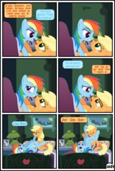 absurd_res applejack_(mlp) blonde_hair comic dialogue duo english_text equid female female/female feral friendship_is_magic furry genitals group gutovi-kun hair hi_res mammal my_little_pony orange_body page_4 page_number pussy rainbow_dash_(mlp) text yuri