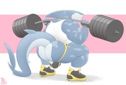 1boy 2020 animal_humanoid anthro ass ass_focus ass_view bara bara_ass barazoku biceps big_ass big_ass_(male) big_butt big_tail black_clothing blue_body blue_skin bubble_ass bubble_butt bulge clenched_teeth clothing digital_media_(artwork) exercise fat_ass fat_butt fin fish flaccid footwear handwear head_fin huge_ass huge_butt humanoid jockstrap large_ass large_butt legwear male male_only marine massive_ass massive_butt muscle_ass muscle_butt muscular_ass muscular_butt plump_ass plump_butt round_ass round_butt shark shirt shoes simple_background socks solo tail_fin tank_top teeth thick_thighs topwear tylerstark underwear weightlifting workout yellow_clothing