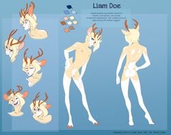 2016 anthro antlers balls biped blue_background blue_eyes brown_body brown_fur brown_horn brown_tail cervid closed_eyes color_swatch digital_media_(artwork) english_text flaccid fur genitals girly hair hooves horn humanoid_genitalia humanoid_penis laugh liam_doe looking_at_viewer male mammal model_sheet multicolored_body multicolored_fur nipples nude open_mouth penis peritian pink_nose short_tail simple_background small_tail smile solo standing tan_hair teeth text two_tone_body two_tone_fur two_tone_tail white_balls white_body white_fur white_penis white_tail