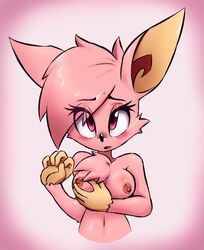 anthro big_breasts blush breast_grab breasts chest_fur clothed clothing female fur hand_on_breast hi_res jamoart mammal mathilda_jade murid murine nipples nude pink_body pink_fur rat rodent solo topless