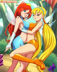 2girls after_kiss amber_eyes ass background blonde_hair bloom_(winx_club) blue_eyes breast_squish breasts brown_eyes charmix clothed color cyan_eyes fairies fairy fairy_wings high_heel_boots high_heels hugging leg_up long_hair looking_at_viewer rainbow_(animation_studio) red_hair reit saliva_trail spit_trail stella_(winx_club) twintails watermark wings winx_club yuri