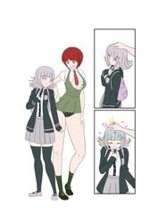 2016 2girls age_progression big_breasts breast_expansion cleavage comic cute danganronpa danganronpa_2:_goodbye_despair female female_only grin head_pat koizumi_mahiru kojiro-brushard nanami_chiaki panties short_hair smile smooth_skin torn_clothes wholesome yuri