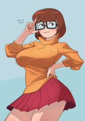 barleyshake big_breasts brown_hair clothed_female female female_only glasses hanna-barbera scooby-doo short_hair skirt solo solo_female solo_focus velma_dinkley