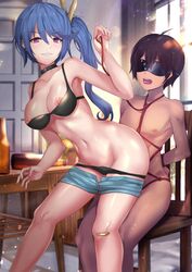 1boy areolae arms_behind_back beer_bottle beluga_dolphin black_bra black_collar black_panties blindfold blue_hair blue_shorts bondage bottle bound bound_wrists bra bra_pull breasts chair clothed_female_nude_male collar eyebrows_visible_through_hair female femdom girls'_frontline grin hair_ornament highres holding_leash implied_sex k11_(girls'_frontline) leaning_forward light_rays long_hair looking_back male medium_breasts navel nipples nude panties panty_pull purple_eyes red_rope rope saliva short_shorts shorts shorts_pull side_ponytail sitting smile smirk stomach table tan_skin underwear window