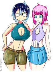 2girls :3 big_breasts blue_eyes blue_hair breasts cherry_hanson cleavage_cutout clothed flat_chest looking_at_viewer multiple_girls open_shirt pink_hair shelby_springfield short_pants skirt sleeveless thatdamapache thick_thighs thighs white_background