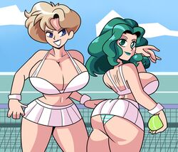 2girls big_ass big_breasts bishoujo_senshi_sailor_moon bra clothing female female_only haruka_tenou huge_breasts large_breasts lipstick michiru_kaiou panties shimapan shounen_jump skirt superspoe tennis_court tennis_uniform