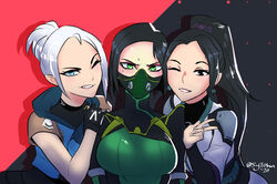 3girls angry black_hair blue_eyes breasts female_only fully_clothed green_eyes jett_(valorant) ling_ying_wei looking_at_viewer mask masked peace_sign riot_games sage_(valorant) smile smiling sytokun take_your_pick valorant viper_(valorant) white_hair wink