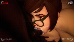 1boy 1girls 3d 3d_(artwork) anal anal_sex big_penis blowjob cum cum_in_ass cum_in_mouth cum_on_body dark-skinned_male eyewear facefuck gangbang glasses interracial mei_(overwatch) overwatch partial_male thorn3dx