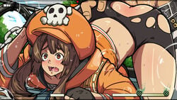 1boy 1girls ambiguous_penetration blush brown_eyes brown_hair curvy doggy_style from_behind_position guilty_gear guilty_gear_strive hair hat long_hair mark_gavatino may_(guilty_gear) open_mouth orange_clothing penetration ripped_clothing sex sol_badguy thick_thighs