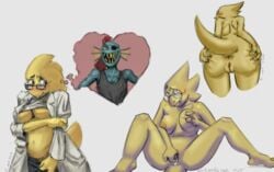 alphys anthro anus areola ass bite biting_lip blush bottomwear breast_squish breasts buckteeth certainlynomat clothed clothing coat eye_roll eyewear female fish front_view glasses hair hand_on_breast heart hi_res holding_butt lab_coat leaning leaning_forward looking_aside looking_pleasured marine masturbation navel nipples non-mammal_breasts nude open_mouth open_smile pants partially_clothed penetration ponytail presenting presenting_hindquarters pubes raised_clothing raised_shirt rear_view reptile scales scalie sex_toy sharp_teeth shirt sitting smile solo_focus spread_butt spreading squish standing tank_top teeth thought_bubble topwear under_boob undertale undoing_pants undressing undyne vaginal_masturbation vaginal_penetration video_games yellow_body yellow_scales