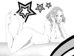 1girls barefoot breasts female_only full_body haru_okumura monochrome mr_dd nipple_slip nipples nude nude_female persona persona_5