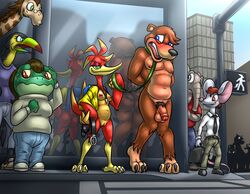 amphibian anthro ass avian banjo-kazooie banjo_(banjo-kazooie) barefoot bassy_wolfeh bird blush bodily_fluids breasts breegull city crossing elephant elephantid embarrassed exhibitionism female frog genitals giraffe giraffid group hi_res humanoid_genitalia humanoid_penis kazooie leash male malesub mammal mouse murid murine nipples penis proboscidean public_nudity pussy rareware reflection rodent stare street sweat talons toucan ursid video_games