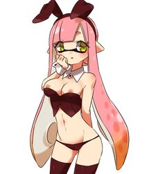 bazumi black_panties blush eyelashes fake_animal_ears fake_bunny_ears female female_only inkling long_hair nintendo nipple_slip pink_hair playboy_bunny solo splatoon thighhighs yellow_eyes