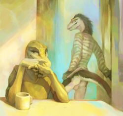 5_fingers anthro anus backsack balls bottomless clothed clothing cup digital_media_(artwork) duo fingers furniture genitals inside klongi lizard looking_back male male_only reptile scalie sitting smile table