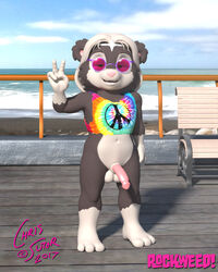 anthro beach boardwalk bottomless chris_sutor clothed clothing cloud delos exhibitionism eyewear genitals hippie male male_only mammal peace_symbol peace_symbol_shirt penis public_nudity rockweed_(chris_sutor) sea seaside shortstack sky solo sunglasses surfer tie-dye ursid v water