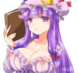 bazumi book breasts eyebrows_visible_through_hair hat large_breasts nipples no_bra patchouli_knowledge purple_eyes purple_hair see-through serious touhou