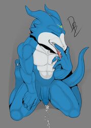 absurd_res anthro balls blue_balls blue_body blue_foreskin blue_penis blue_tail bodily_fluids claws cum cum_on_hand cum_on_tongue digimon digimon_(species) flamedramon foreskin genital_fluids genitals grey_background hand_licking hi_res humanoid_hands kneeling licking_cum male male_only nude penis raccoon_douglas_(artist) scalie shadow signature simple_background solo toe_claws tongue uncut unretracted_foreskin white_body