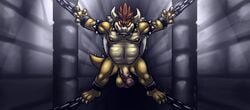 armband balls bassy_wolfeh bowser chained chains collar dungeon genitals half-erect horn koopa looking_at_viewer male male_only mario_(series) musclegut nintendo nipples nude penis red_eyes sagging_balls scalie solo spiked_armband spiked_collar spikes suspension video_games