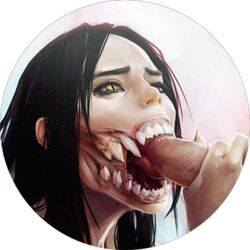 1boy 1girls 2d black_hair fellatio female light-skinned_female love mature_female mileena monster_girl mortal_kombat nachtmahr nightmare_waifu no_cheeks open_mouth partial_male penis portrait sex sharp_teeth slit_pupils solo_focus tarkatan tongue villainess yellow_eyes