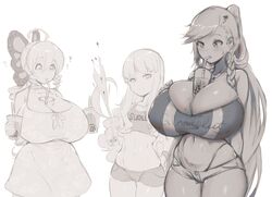 3girls blush boba_tea braided_hair breast_envy bubble_tea_challenge dress gigantic_breasts hair_ornament hoop_earrings huge_breasts long_hair looking_down magister_(bigbakunyuu) monochrome object_between_breasts original original_character pandora_smith sakuraba_himari shiratama_liliana shorts small_breasts sweatdrop tank_top