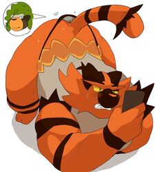 1boy ass_up bara black_stripes blush bodily_fluids feline fur furry humanoid_hands incineroar kemono male male_only masturbation monkey nintendo phone pokémon_(species) pokemon pokemon_sm pokemon_ss red_body red_fur rillaboom sex_toy shiny_pokemon shiny_rillaboom simple_background solo_focus stripes sweat video_games white_background yoshizaurusu_n