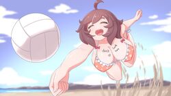 1girls beach bikini closed_eyes female female_only huge_breasts insomnia-chan_(kaynimatic) kaynimatic nipple_bulge sand smiling solo solo_female vollyball